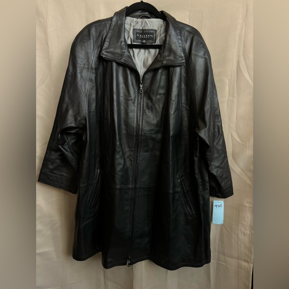Nwt Gallery Women’s Black Leather Jacket Zip Front Longline Sz 3x